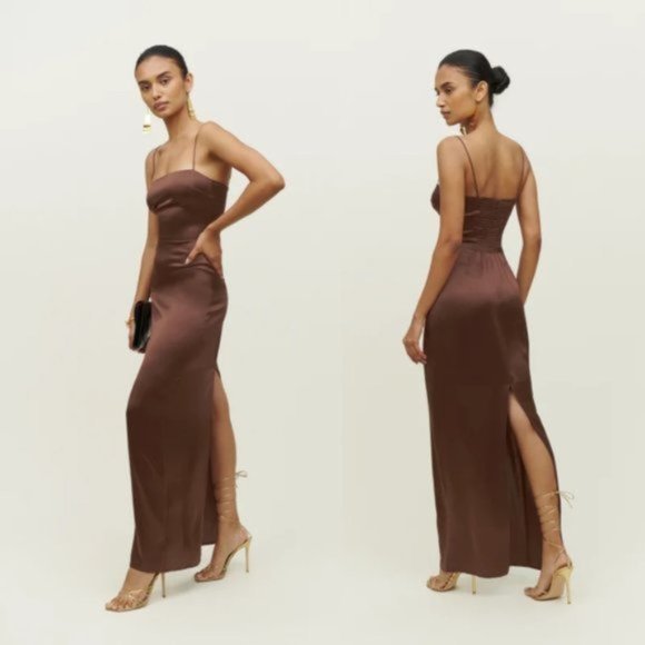 NWT Reformation Frankie Silk Maxi Dress SZ 4 Cafe Brown Center Back Slit - Picture 2 of 10